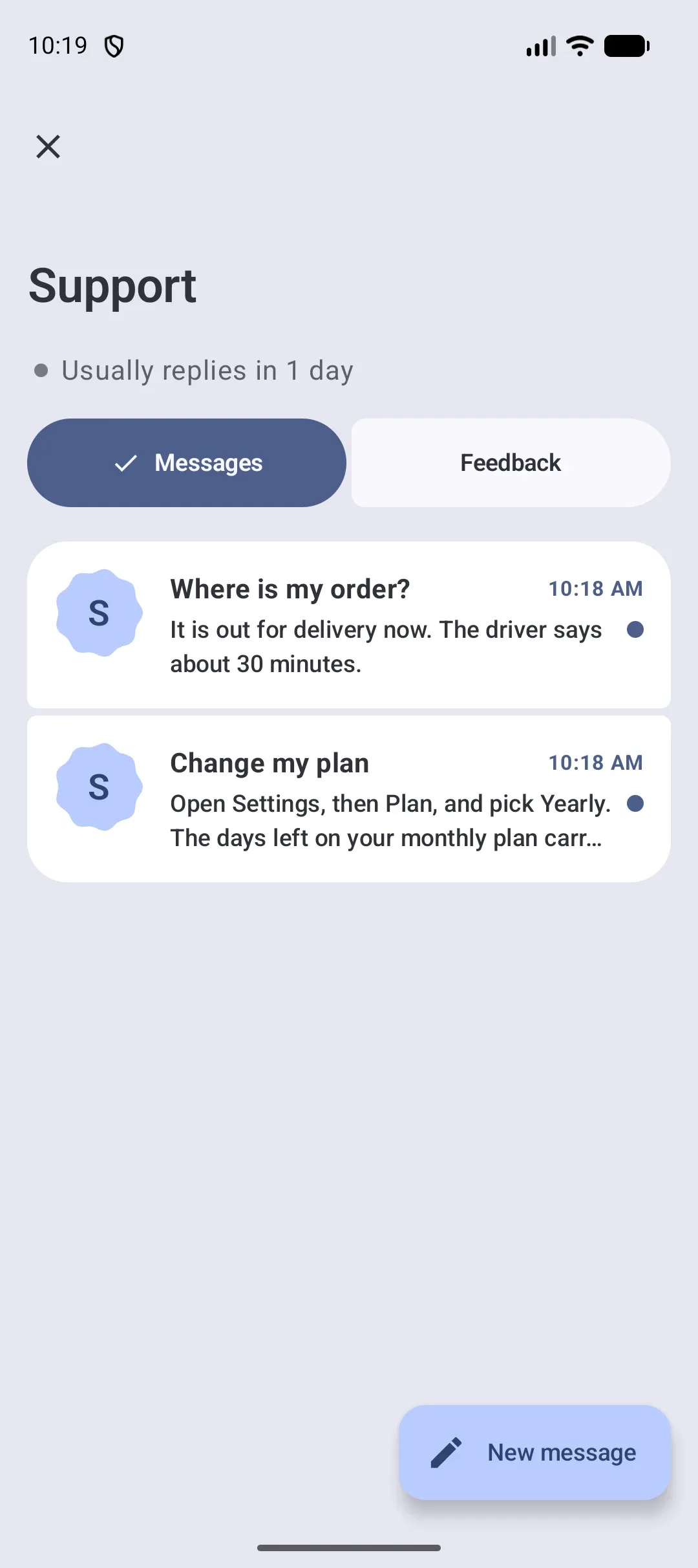 شاشة الدعم من حزمة Android SDK داخل تطبيق: محادثات الشخص مع آخر رد، وزر لكتابة رسالة جديدة.