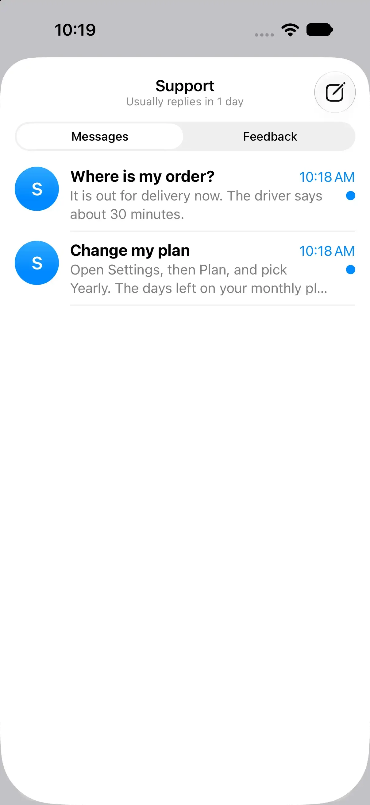 شاشة الدعم من حزمة iOS SDK داخل تطبيق: محادثات الشخص مع آخر رد، وزر لكتابة رسالة جديدة.