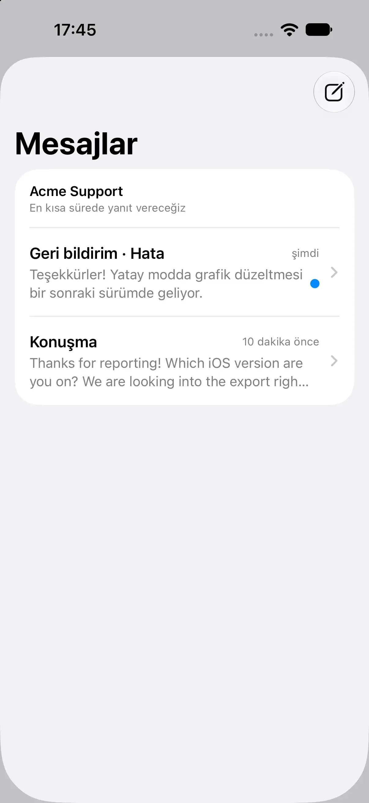 Örnek bir uygulamada iOS SDK'nın mesajlar ekranı: bir geri bildirim ve bir konuşma.