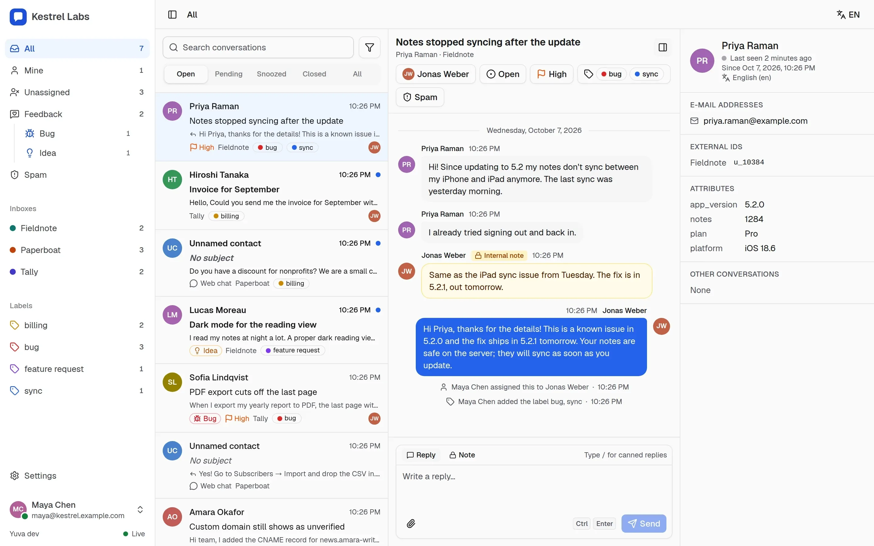 The Yuva panel: conversations from three products in one list, an in-app conversation with an internal note and a reply, and the contact's details sent by the host app.