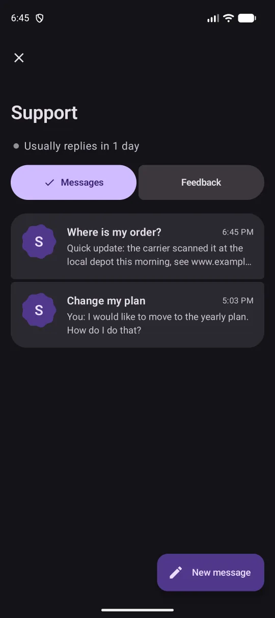 The conversation list on Android in dark mode with tiles on a dark container