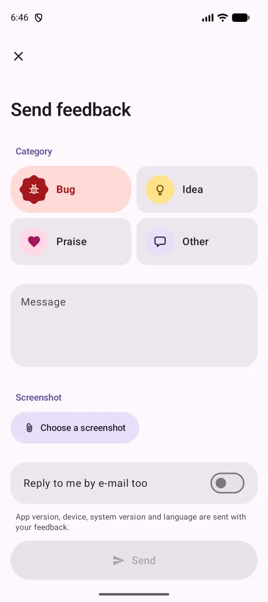 The feedback form on Android: large category tiles with expressive icon shapes, a message field, a screenshot button, a reply by e-mail switch and a Send button