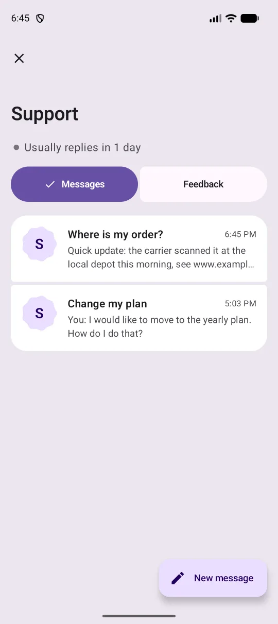 Yuva's conversation list on Android: a large Support title, connected Messages and Feedback buttons, conversations as rounded tiles and a New message button