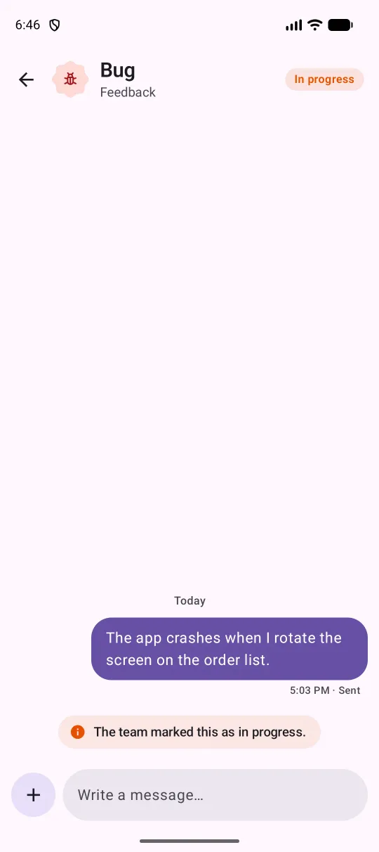 The same bug report on Android with the category and an In progress tag in the top bar and the progress line in the thread