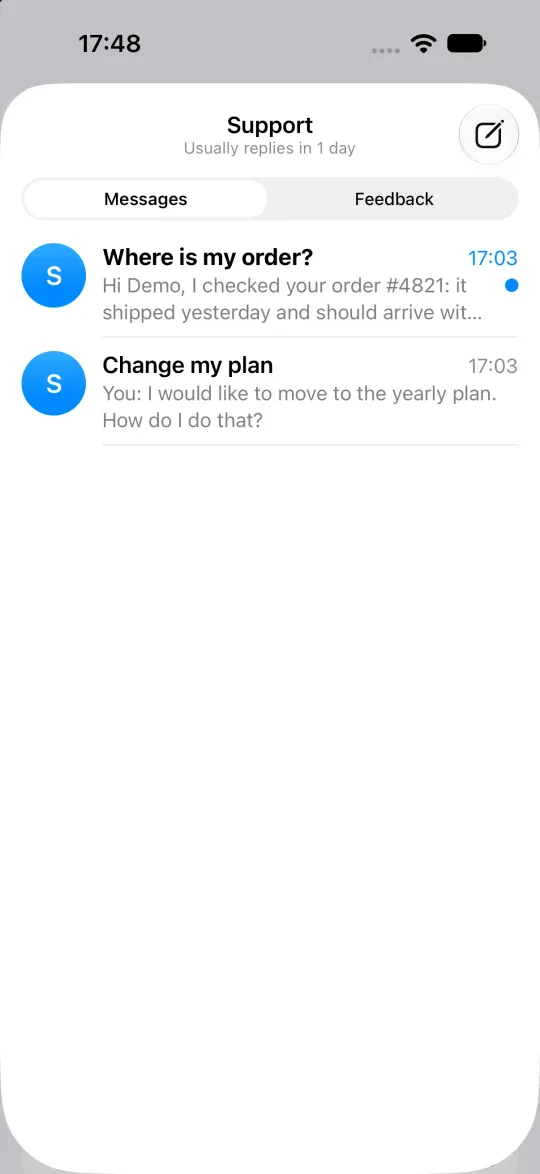 Yuva's conversation list on iOS: the team name and reply time at the top, Messages and Feedback tabs, two conversations with avatars, times and an unread dot
