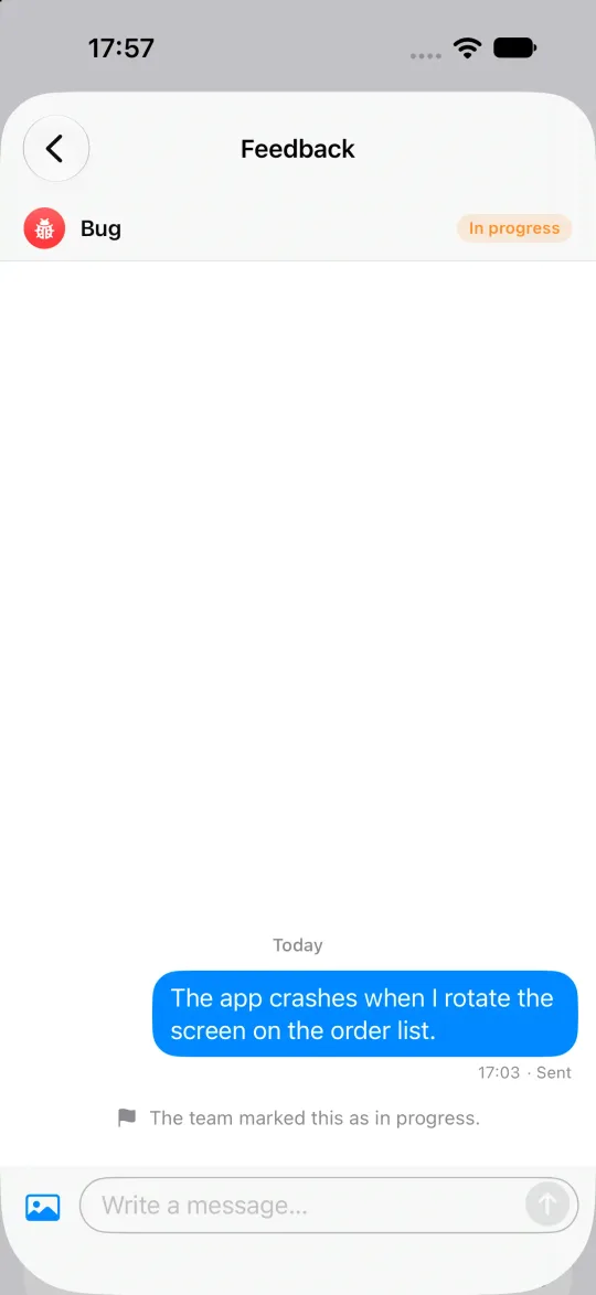 A bug report on iOS with a red bug icon, an In progress tag and the line: The team marked this as in progress