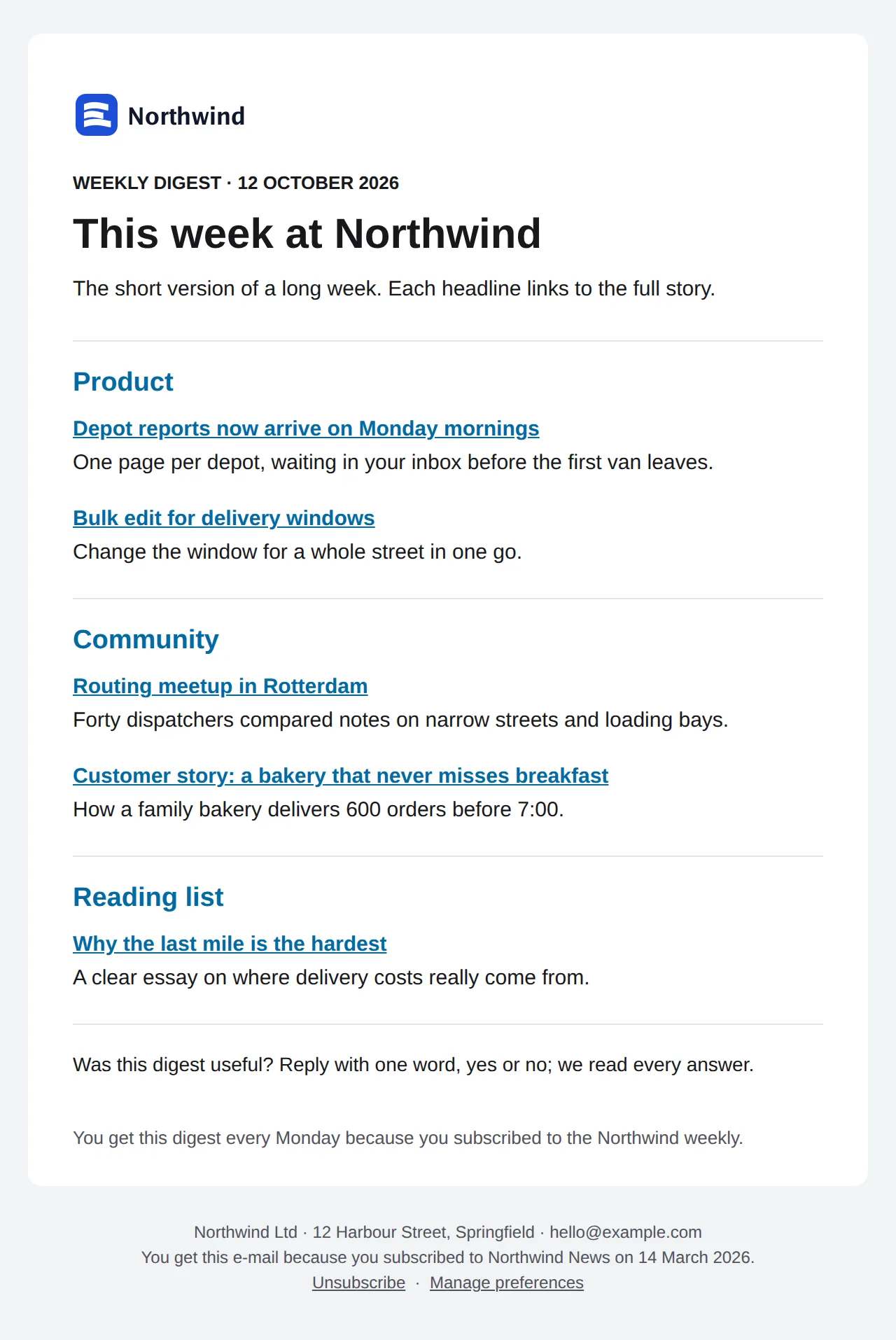Preview of the Digest template