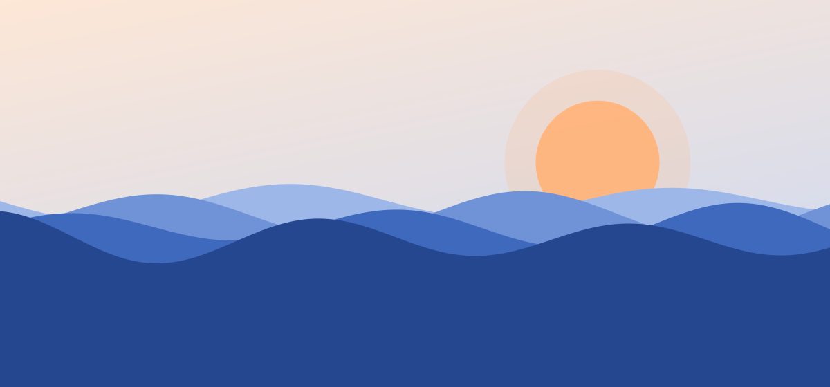 Illustration of a calm harbour at sunrise with layered blue waves